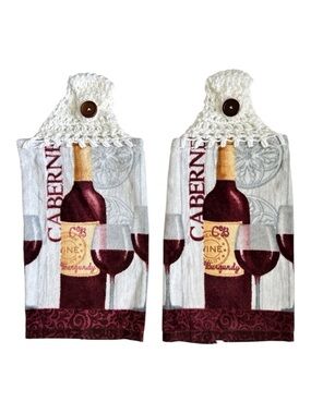 Hand Crafted Cabernet Wine Hanging  Hand Towels with Burgundy and Gray Design